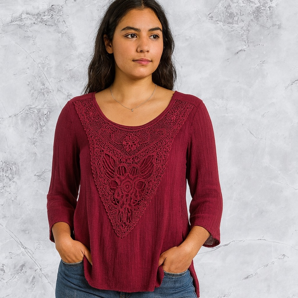 Bobeau Deep Red Crochet Accent Blouse